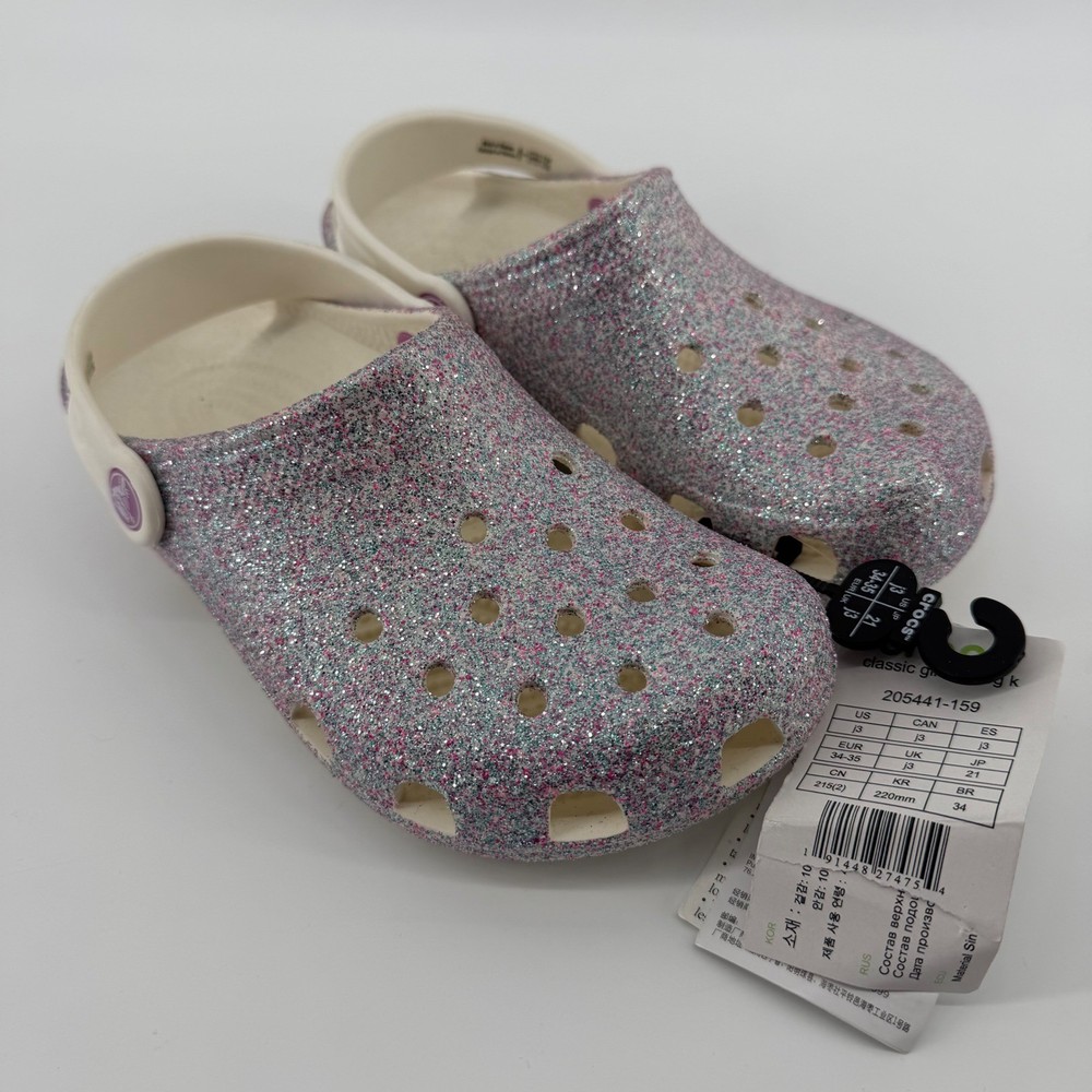 Crocs Clogs Kids J3 Silver Classic Glitter Clog K 205441-159 Sparkly Slip On