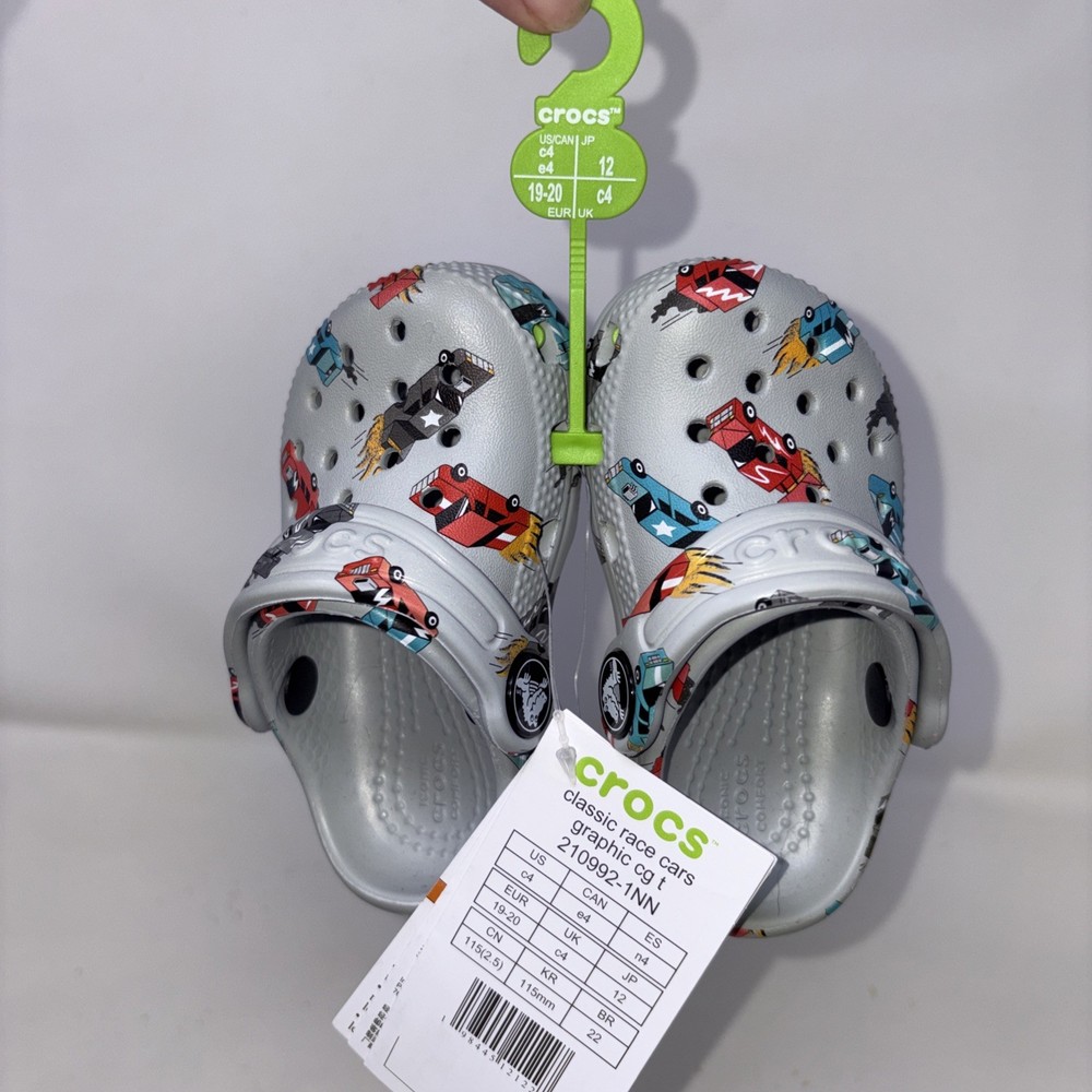 Crocs Kids Slip On Rubber Clog K US Size C 4 Gray Race Cars New NWT