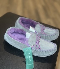 New LL Bean Kids Moccasin Slippers Sz 2 Gray Suede Wicked Good Shearling Lined