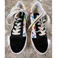 Vans Old Skool Rainbow Checkerboard Black Suede Low Top Sneakers Kids Size 3.0