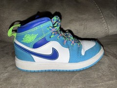 Jordan 1 Mid SE Signal Blue White Lime Kids Sneakers DA8011-400 Size 11C