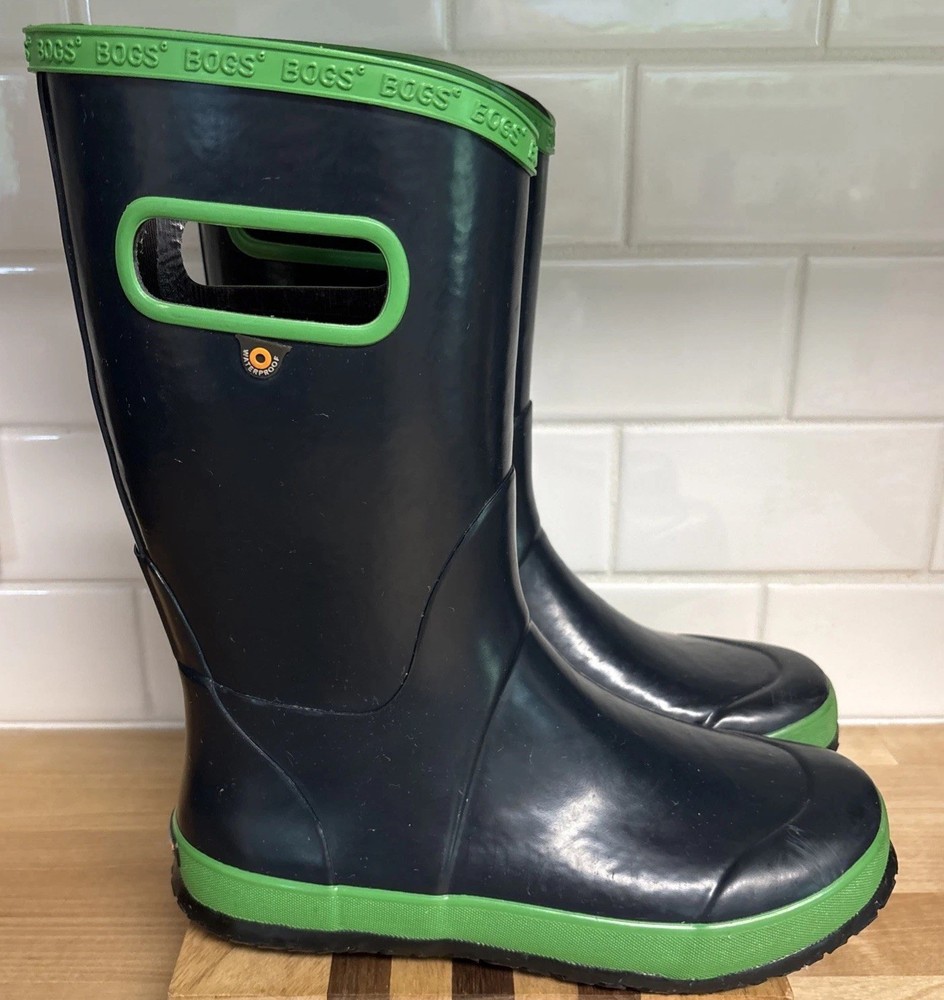 Bogs Kids Waterproof Rubber Rain Boots Sz 5 5Y Navy Blue Kelly Green Pull On