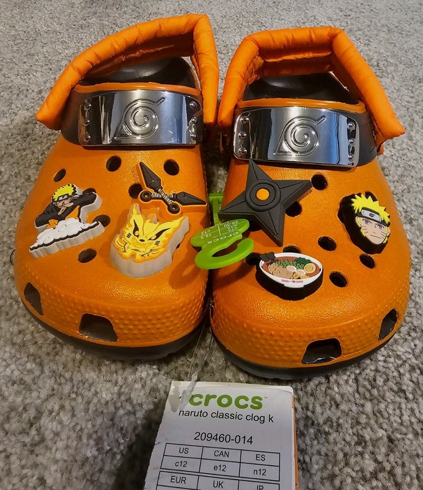 Naruto Shippuden CROCS Clogs Kids Toddler Size 12C Orange Black Slip On Shoes