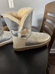 UGG Silver Shearling Button Bootie Unisex Kids Flat Ankle Closed Toe Boot