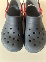 Crocs Size J3 Navy with Red & Gray Accents. Adjustable Straps. Good Condition.