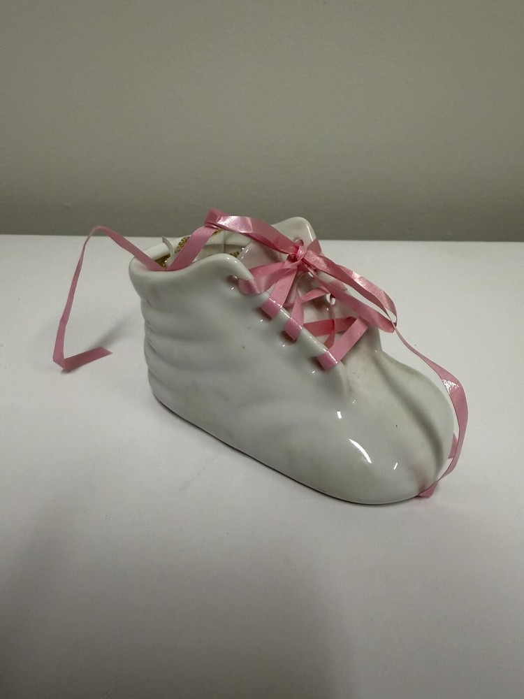 Ceramic Baby Shoe Baptism Keepsake with Pink Ribbon and Photo Insert