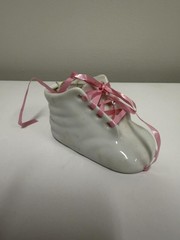 Ceramic Baby Shoe Baptism Keepsake with Pink Ribbon and Photo Insert