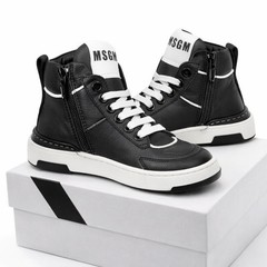 MSGM Kids $235 Kips Nero Leather Logo High-Top Sneakers Size 31 EU New