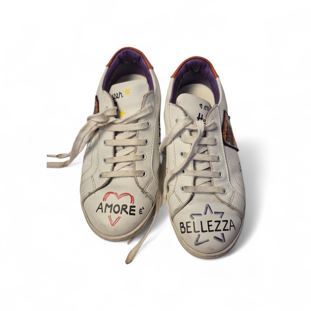 Dolce And Gabbana Authentic Preloved Kids White Sneakers with Grafitti Accents