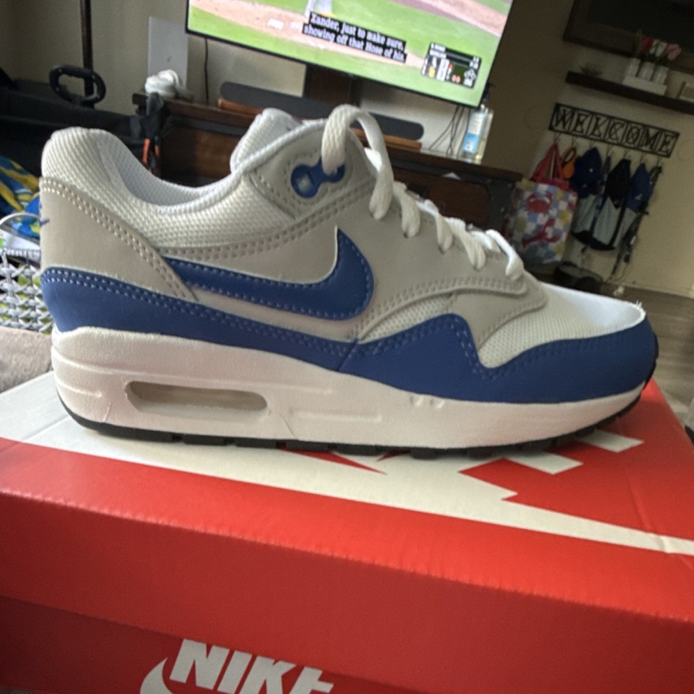 Nike Air Max 1 (GS) White/Blue/Gray Kids Sneaker 3.5Y Lace Up DZ3307-104