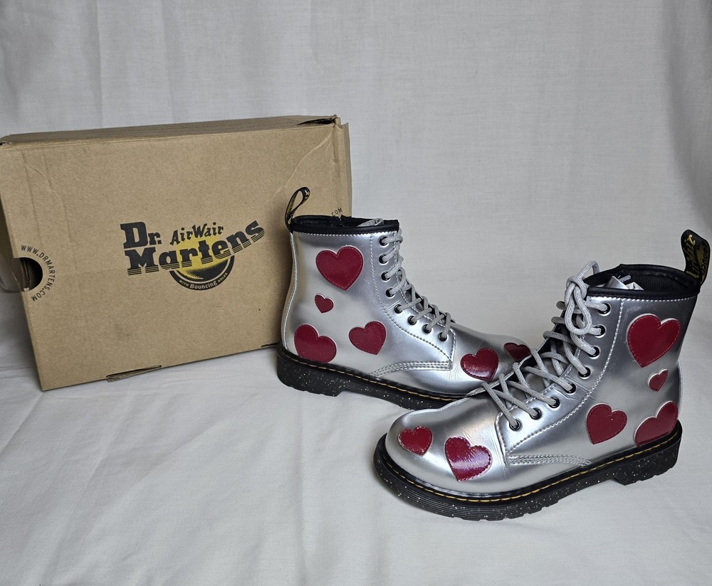 Dr Martens 1460 J Boots Womens Size 5 Silver Metallic Red Heart Patent Leather
