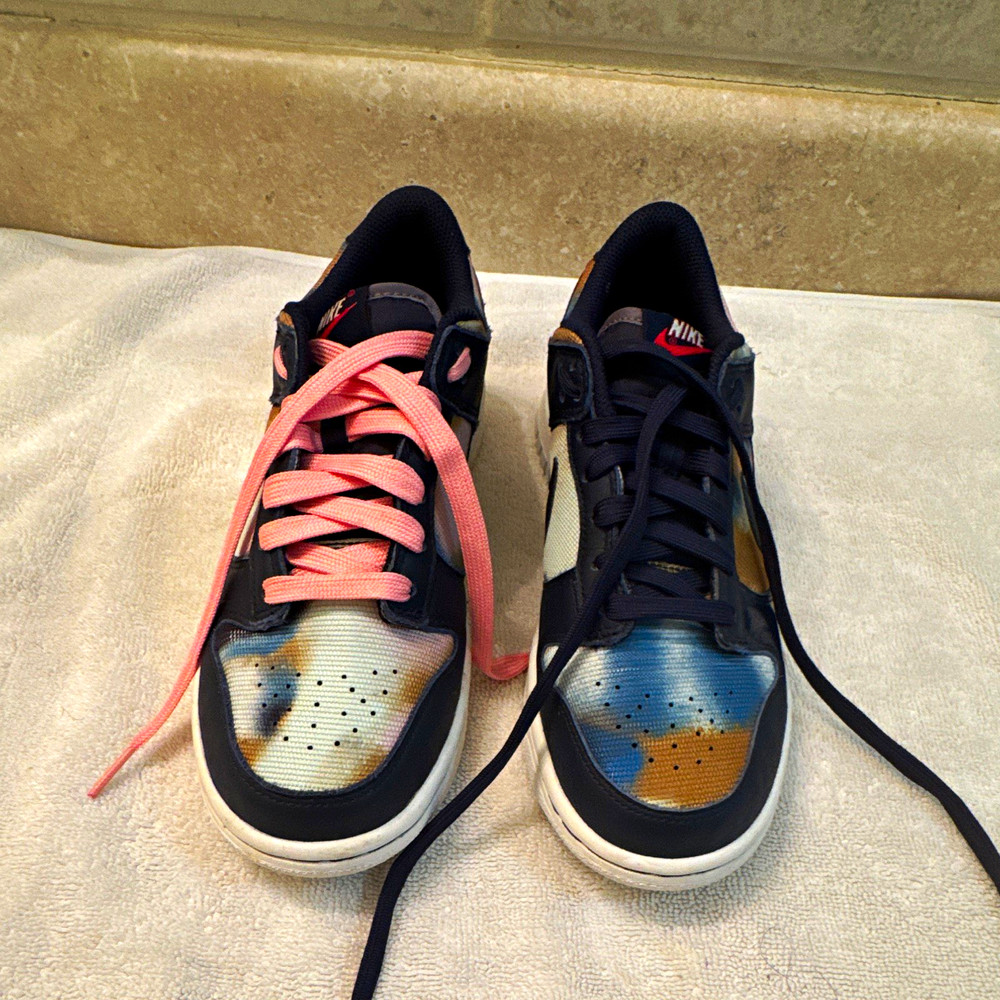 Nike Dunk Low Navy Tan Pink Colorblock Leather Lace-Up Kids Sneakers US 7Y