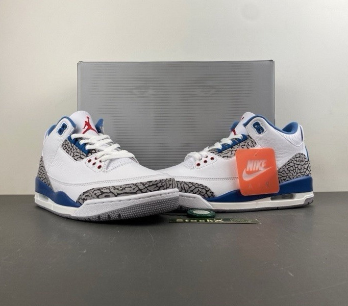 Nike Air Jordan 3 Retro Kids 9.5 White/Blue Elephant Print Leather Low Top