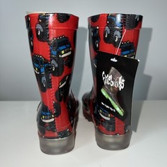 Firebugs Light Up Kids Rain Boots Galoshes – Red with Monster Trucks Size 5