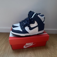 Nike Dunk High GS White Midnight Navy Leather Sneakers 4.5Y Unisex Kids