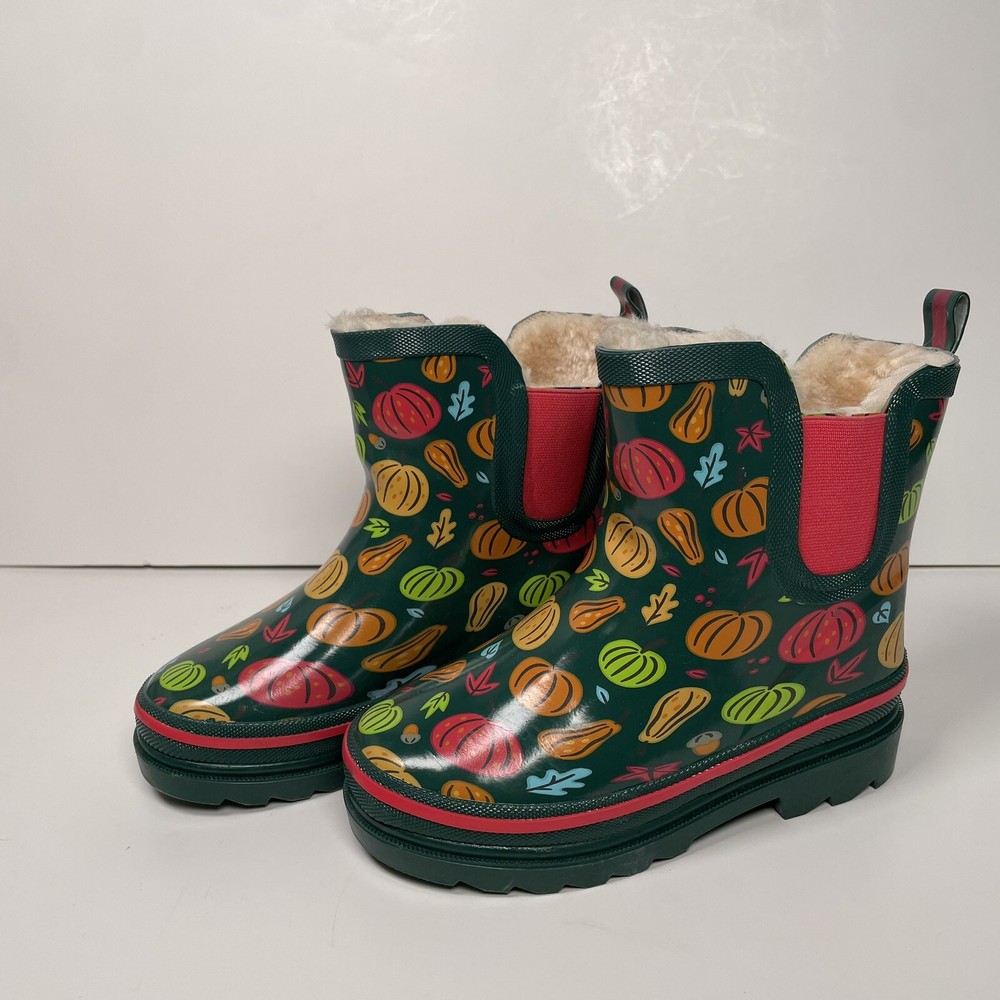 Lily & Dan Children’s 11/12 Rain Boots Pumpkin Leaves Waterproof Faux Fur Lining