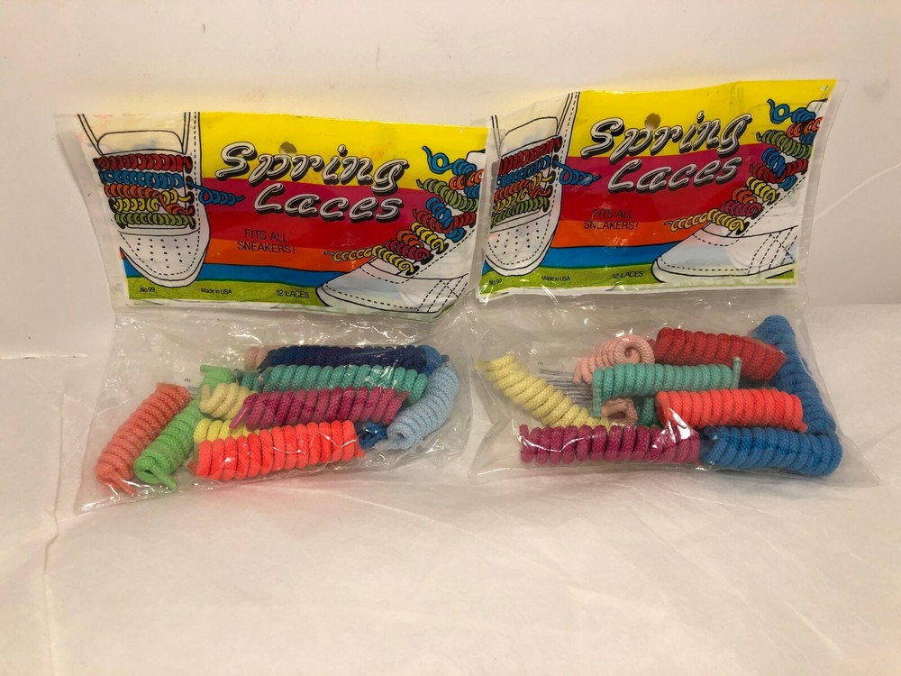 2 Packages Vintage Curly Spring Laces for Sneakers 1980s Neon blue orange Pink