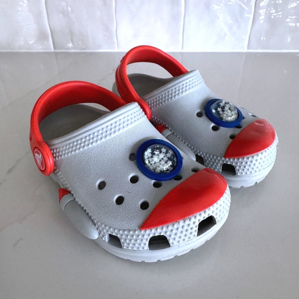 Crocs Fun Lab Rocket Ship Clogs Kids Size C7 Gray Red Space Astronaut Shoes