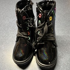 Unisex Kids Size 7 Black Combat Ankle Boots Lace-Up Side Zip Rainbow Sequin
