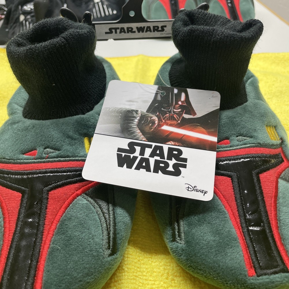 Star Wars Disney Mandalorian Kids Slippers L 9-10 Fett Green & Red New A/23