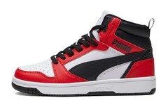 PUMA Rebound V6 Mid top Childrens Basketball Shoes White Red Black 393831-03