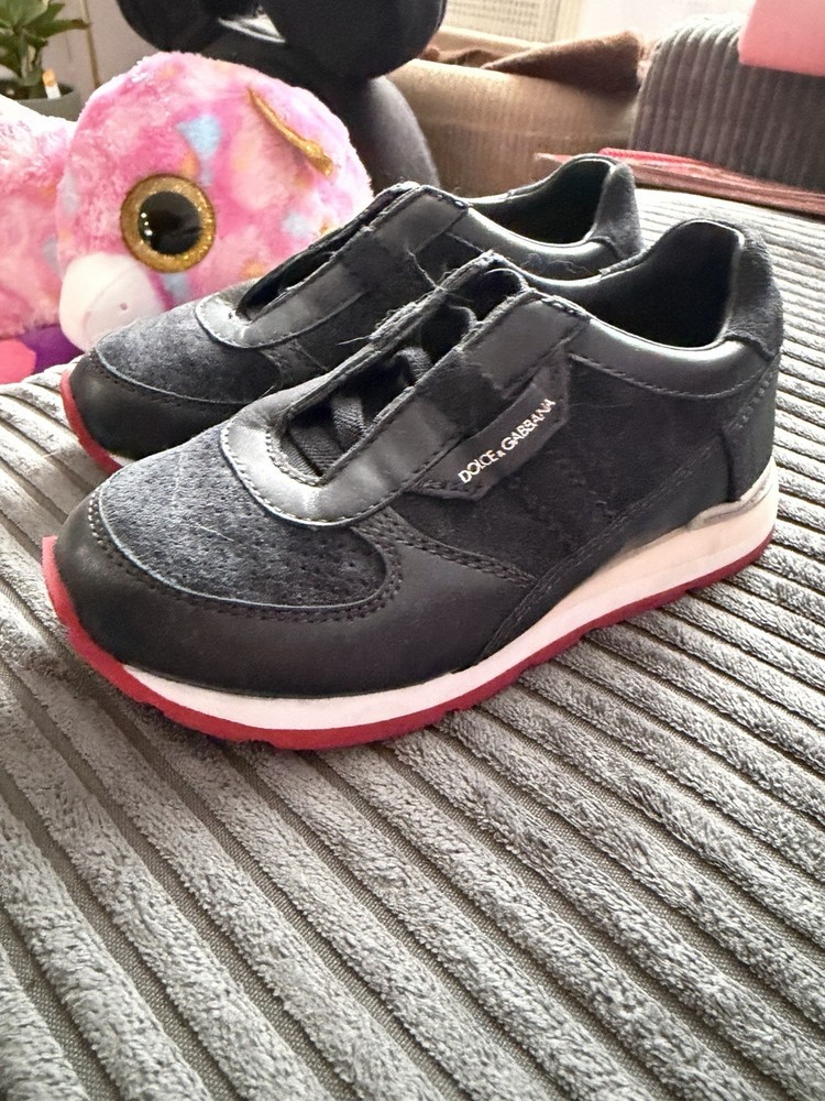 Dolce & Gabbana Unisex Kids 3.5 Black Red Leather Suede Low Top Sneakers Logo