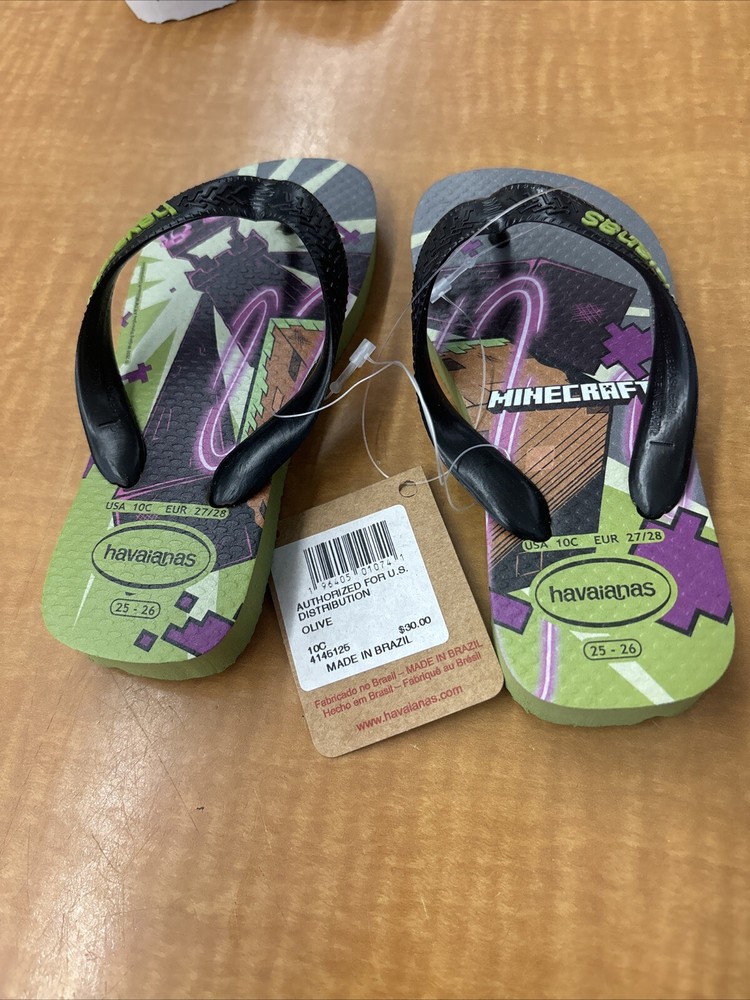 Havaianas Kids Minecraft Enderman Flip Flops NEW Size 10C Green Purple