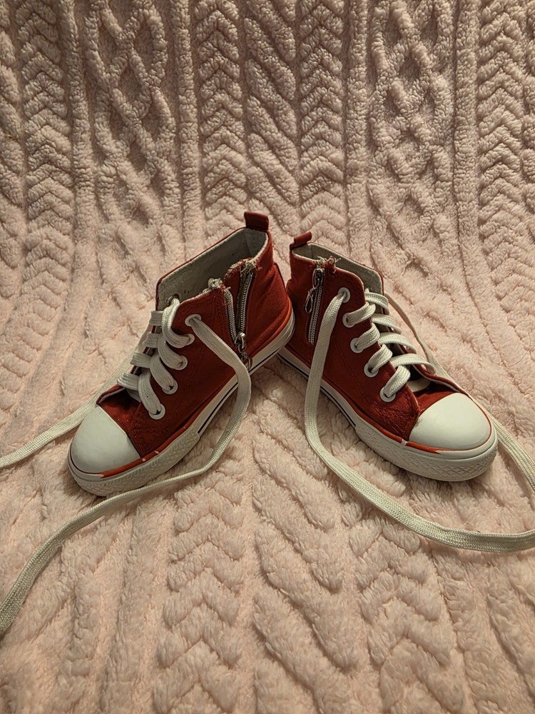 Binitu Red White High Top Canvas Sneakers Kids Lace Up Zipper Flat