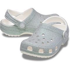 Crocs Classic Iridescent Glitter Clog Kids j5 Sandal Slip-on Silver White