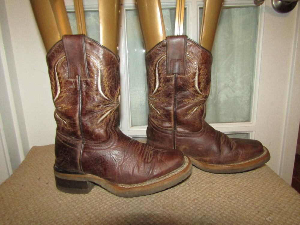Mexico Square Toe Cowboy Western Boots Brown Leather Kids size 11 Mex 18.5