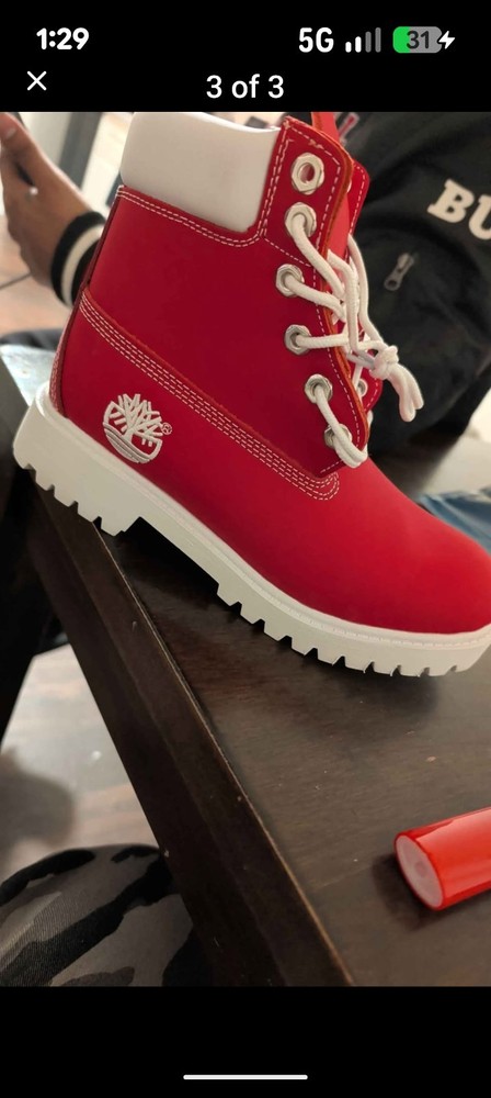 Timberland Red White Ankle Boots Lace Up Flat Logo Accent