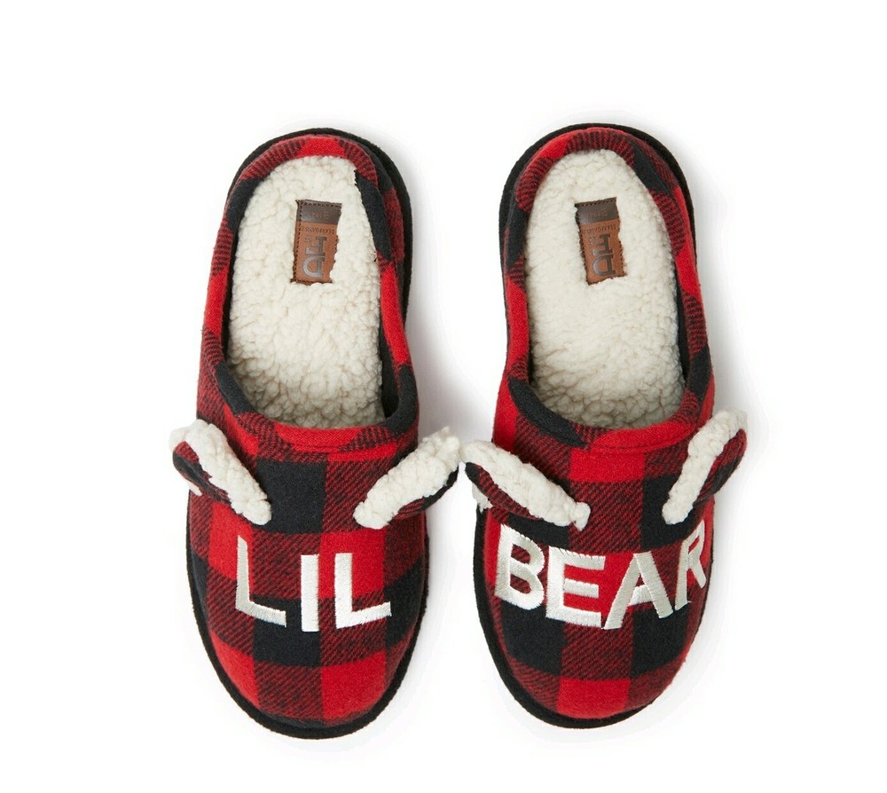 DF Dearfoams Lil Bear Slippers Unisex Plaid Red/Black size 13/1