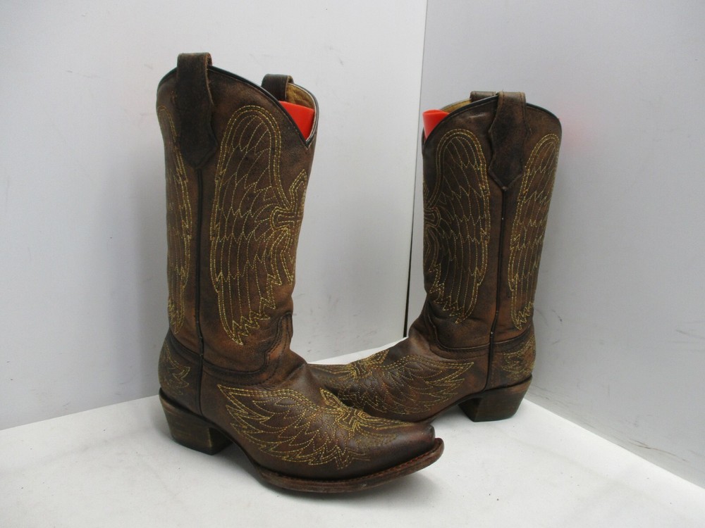 Corral Brown Leather Snip Toe Cross Wings Cowboy Boots Youth Sz 2.5 T Sty A1028