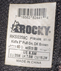 size 8.5m – Rocky boot kids pull on/zip Dark Brown