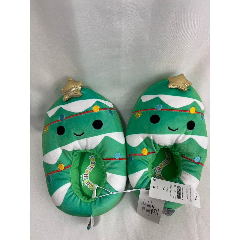 Squishmallows Christmas Tree Plush Slippers Green Holiday Kids Size 4/5 NEW