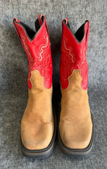 J.B. Dillon Kids Size 4.5 Tan & Red Leather Square Toe Western Cowboy Boots