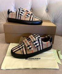 BURBERRY UNISEX MARKHAM CHECK LOW TOP SNEAKERS, BEIGE, BLACK – 3 US / 34 EU, NIB
