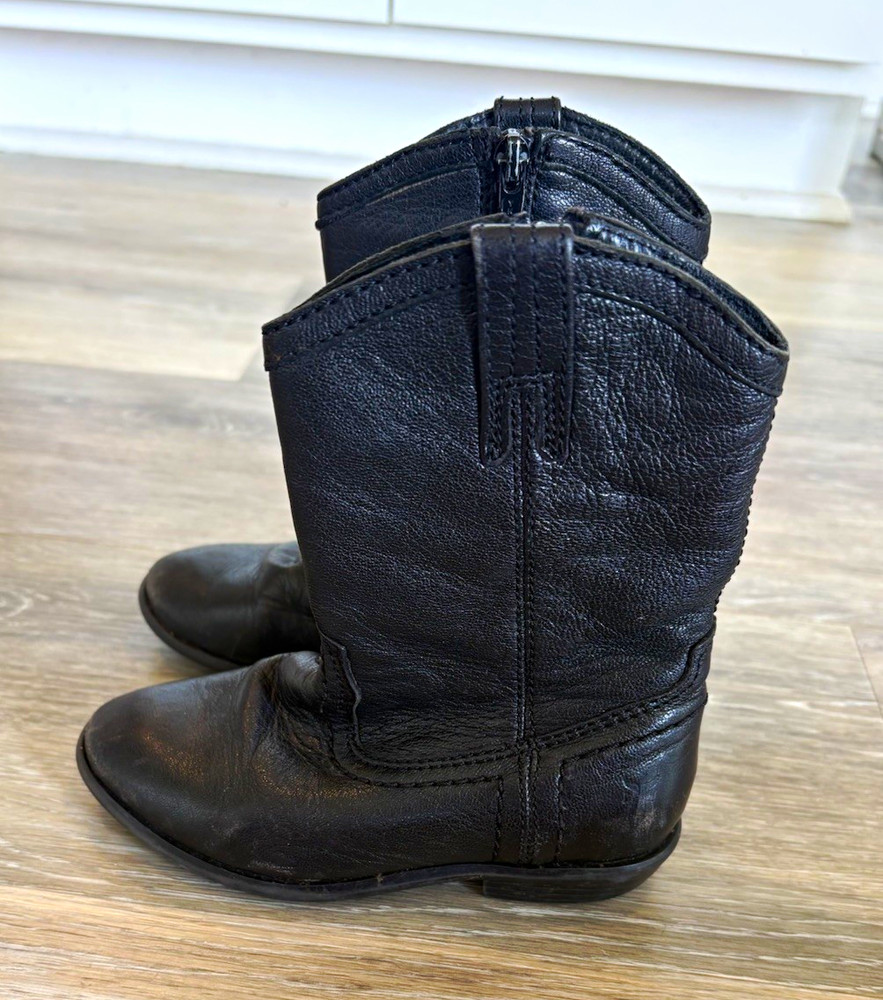 Frye Carson Pull On Kids Western Boots Black Leather Zip Mid-Calf Round 8.5
