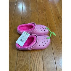 New Crocs Classic Lined Glitter Clog K Kids J3 Pink Sparkle Fuzzy Warm size 3