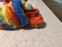 Size 4 – UGG Australia Fluff Yeah Slide Rainbow Stripe 1119840K-RSTR Kids Sandal