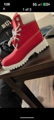 Timberland Red White Ankle Boots Lace Up Flat Logo Accent