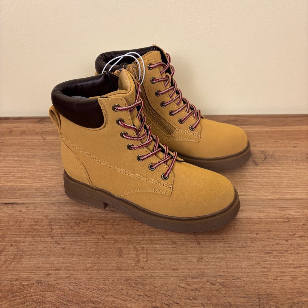STEVE MADDEN JJumble Combat Boots Tan Kids Size 2 Side Zip Lace Up Low Heel