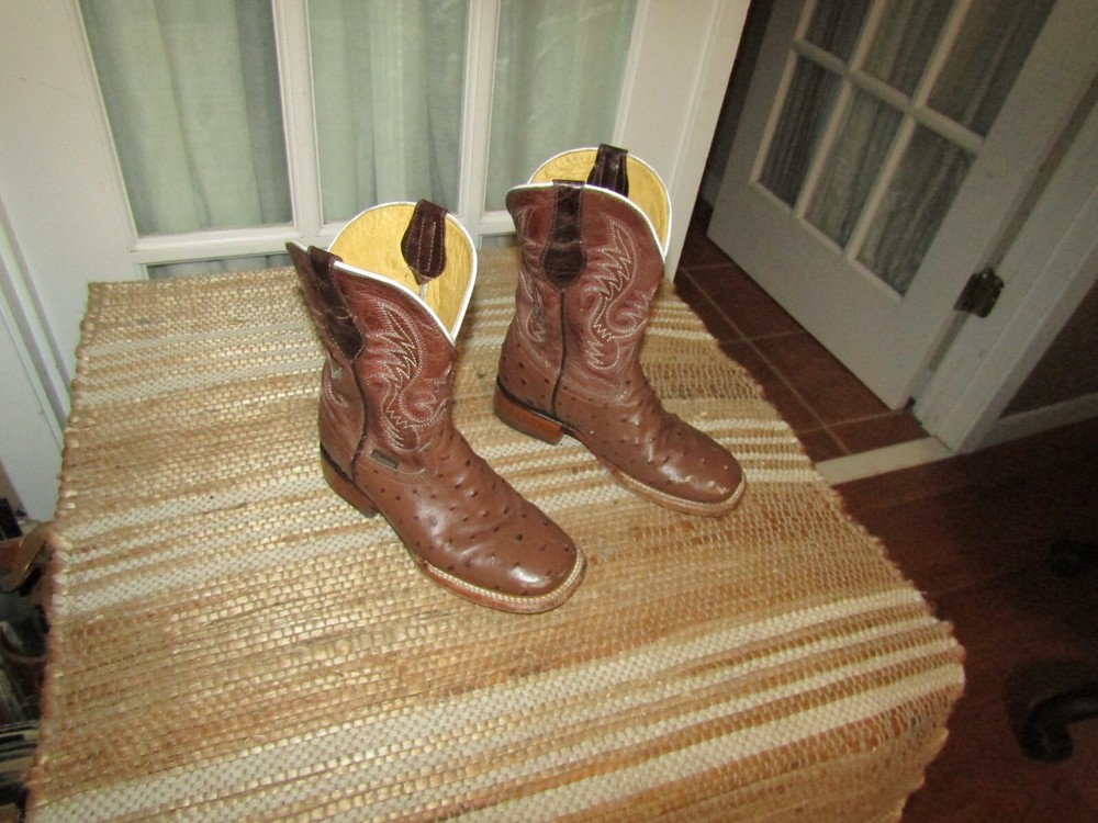 Mexico Brown Leather Ostrich Embossed Square Toe Cowboy Boots Youth sz 13 Mex 20