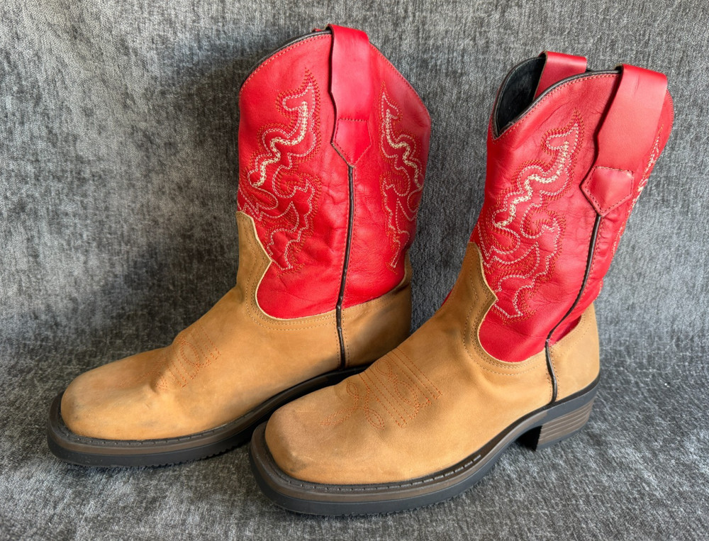 J.B. Dillon Kids Size 4.5 Tan & Red Leather Square Toe Western Cowboy Boots