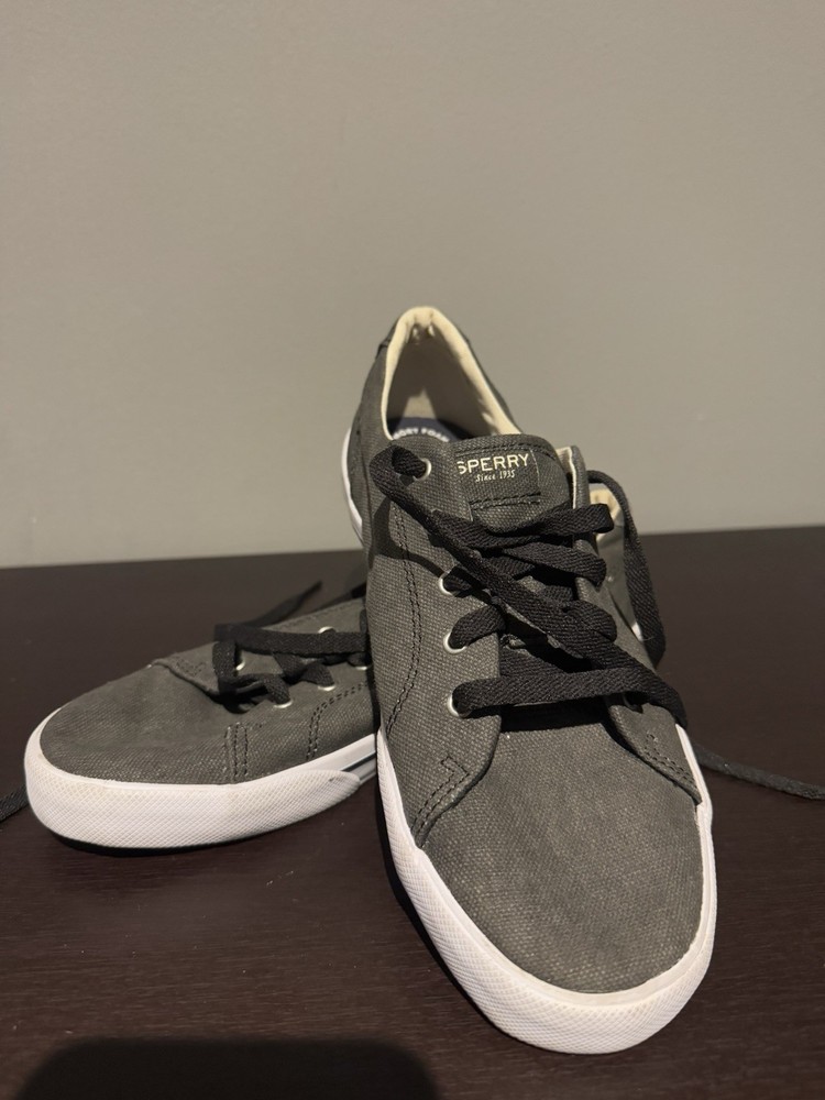 Sperry Top Sider Memory Foam Gray Striper II Canvas Sneaker Youth 4M Shoe