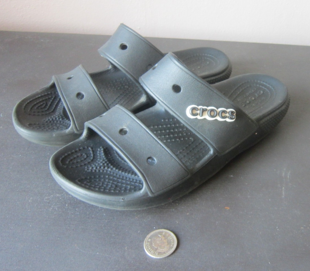 Black rubber Two-strap CROCS SLIDE SANDALS Youth teens size Men 5 Women 7 Charms