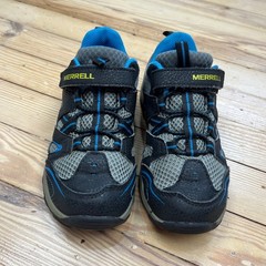Merrell Kids Black Grey Blue Hiking Sneakers Hook Loop Trail Shoes Size 2Y READ