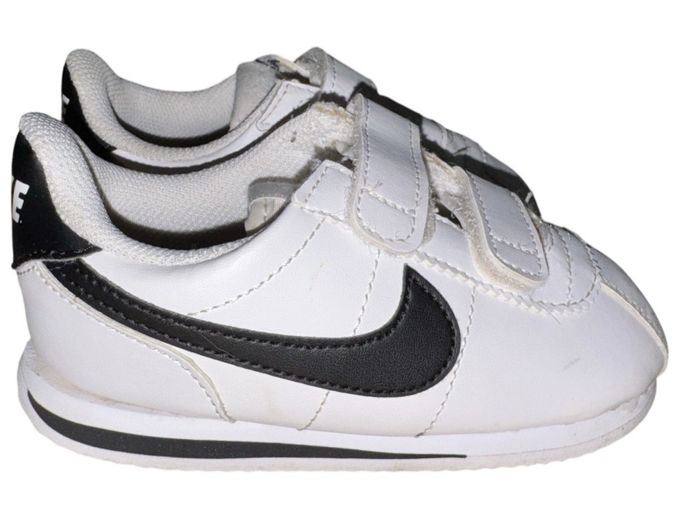Nike Cortez Basic SL Kids White & Black Sneakers Hook Loops Straps Size 8.5