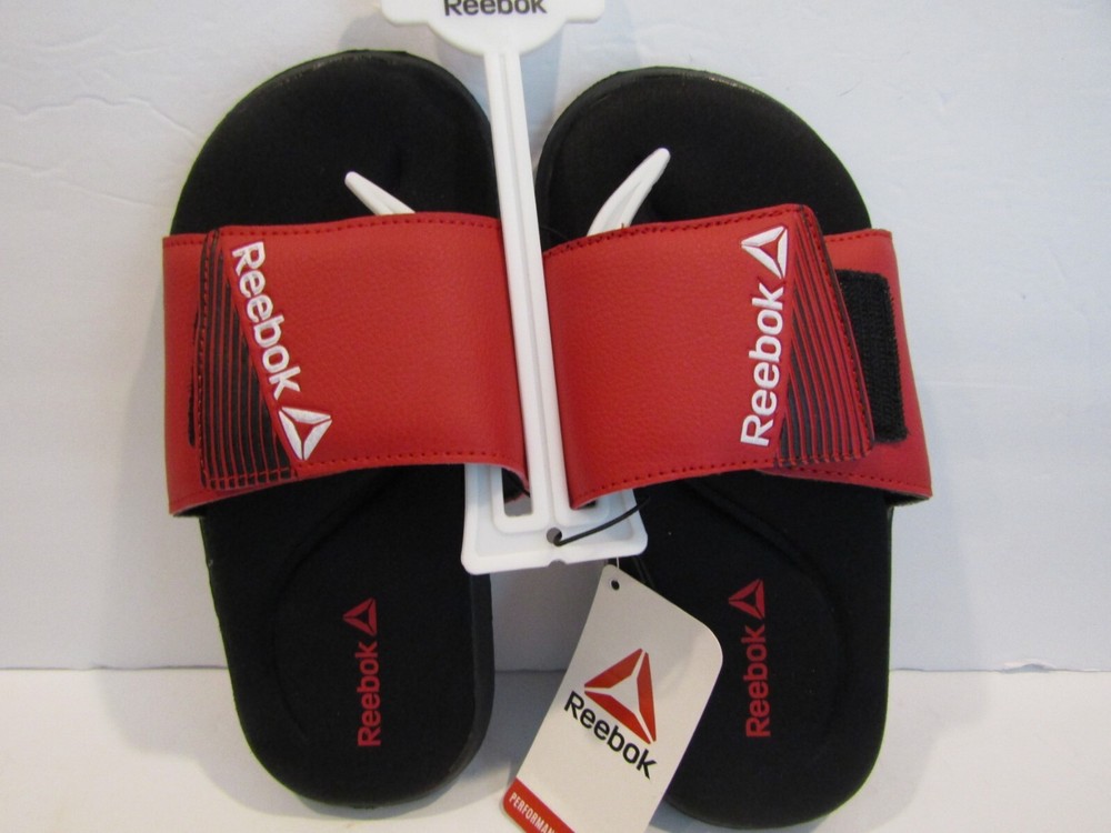 REEBOK Size 2 Black & Red ADJUSTABLE Strap MEMORY FOAM Lightweight Slides