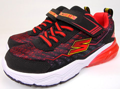 NEW! SKECHERS Kids Hook & Loop Low Top Athletic Sneakers, Size 1.0 K, Black Red